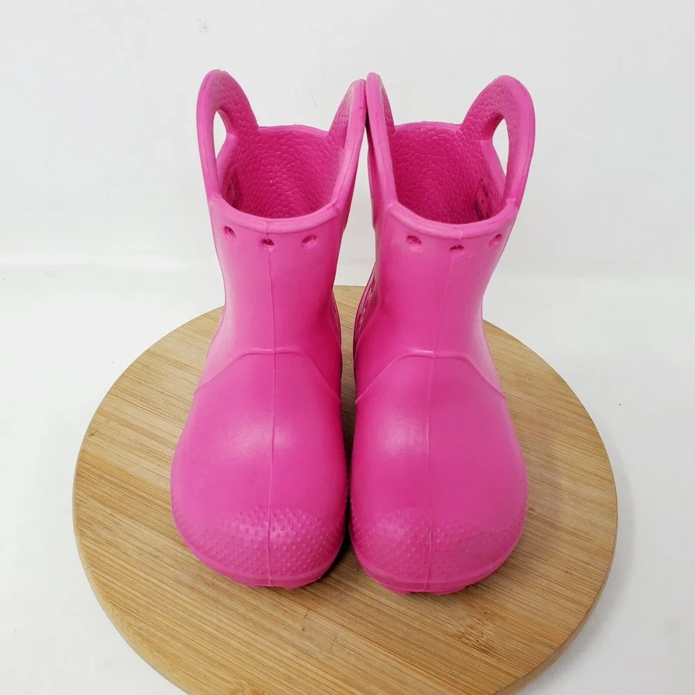 Crocs Rain Boots Kids 6 Pink Waterproof Rubber Handle It Pull On Girl Boy Shoes